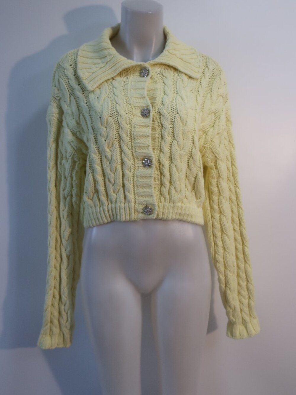 Womens Shag Boutique Yellow Cableknit Cardigan Sweater W/Rhinestone Buttons M